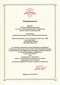 Podziękowania za organizację VI edycji Warsztatów dla Uczniów Szkół Ponadpodstawowych. Kliknij, aby powiększyć zdjęcie.